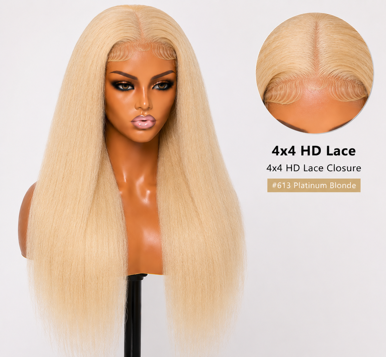 100% Remy Human Hair 4x4 Kinky Straight Lace Wig | Natural 4A-4C Blend | 8"–28" | Off Black, Dark Brown, Honey Blonde & Platinum Blonde