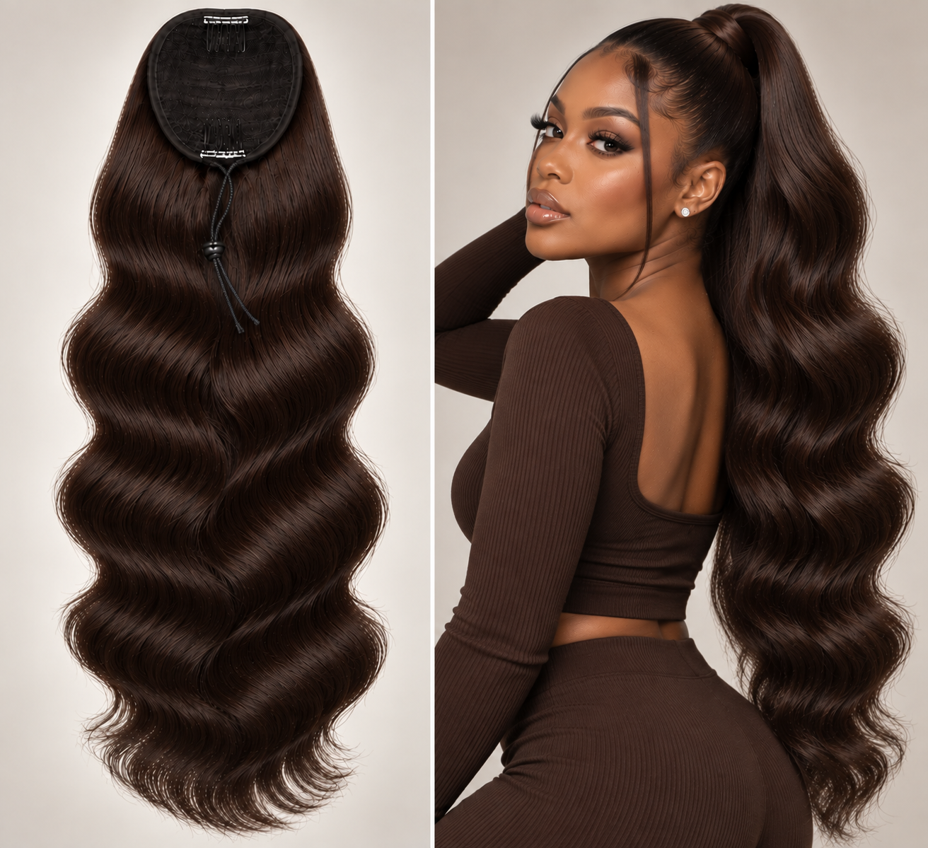 100% Remy Human Hair Body Wave Drawstring Ponytail | 8"–28" | Off Black, Dark Brown & Medium Brown