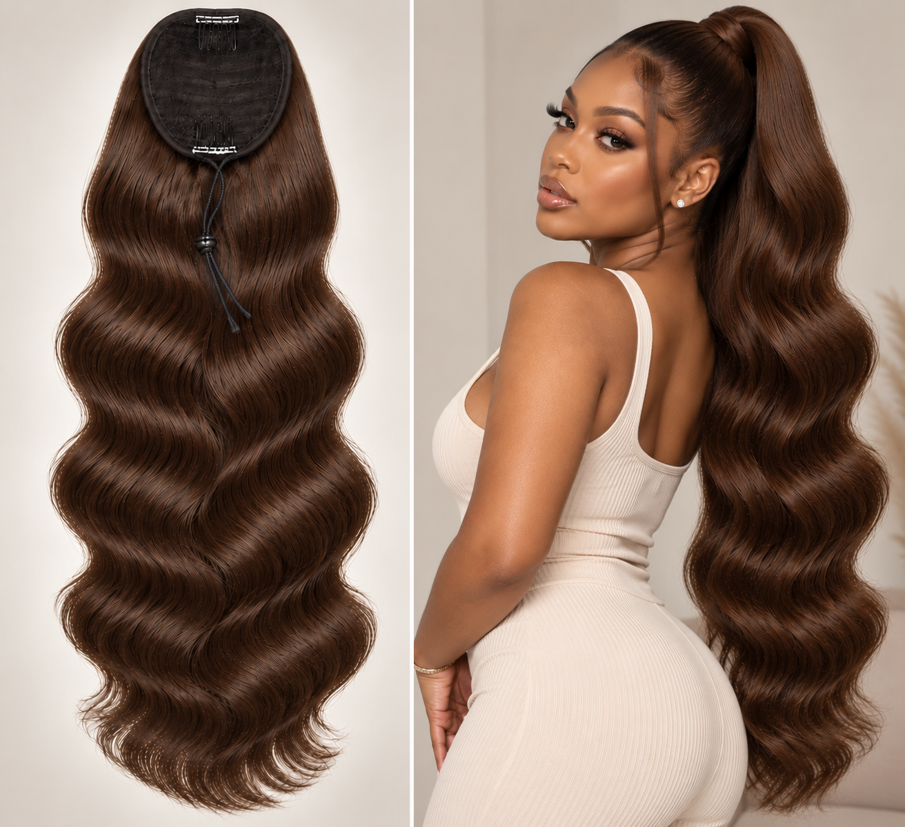 100% Remy Human Hair Body Wave Drawstring Ponytail | 8"–28" | Off Black, Dark Brown & Medium Brown