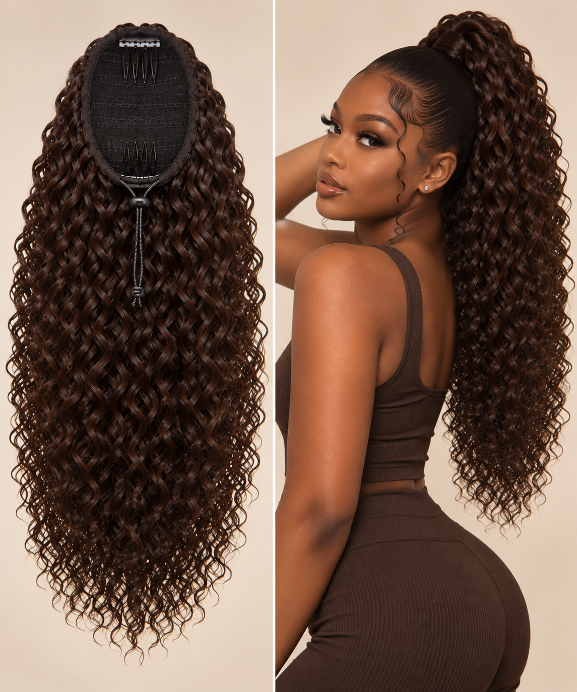 100% Remy Human Hair Curly Drawstring Ponytail | 8"–28" | Off Black, Dark Brown & Medium Brown
