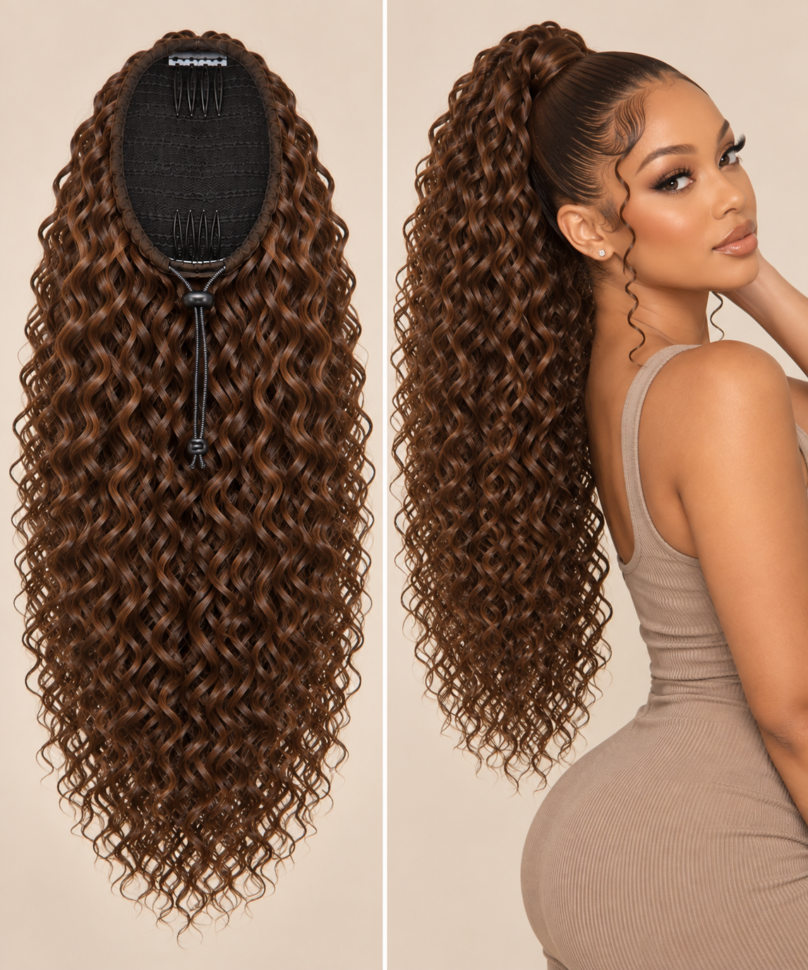 100% Remy Human Hair Curly Drawstring Ponytail | 8"–28" | Off Black, Dark Brown & Medium Brown