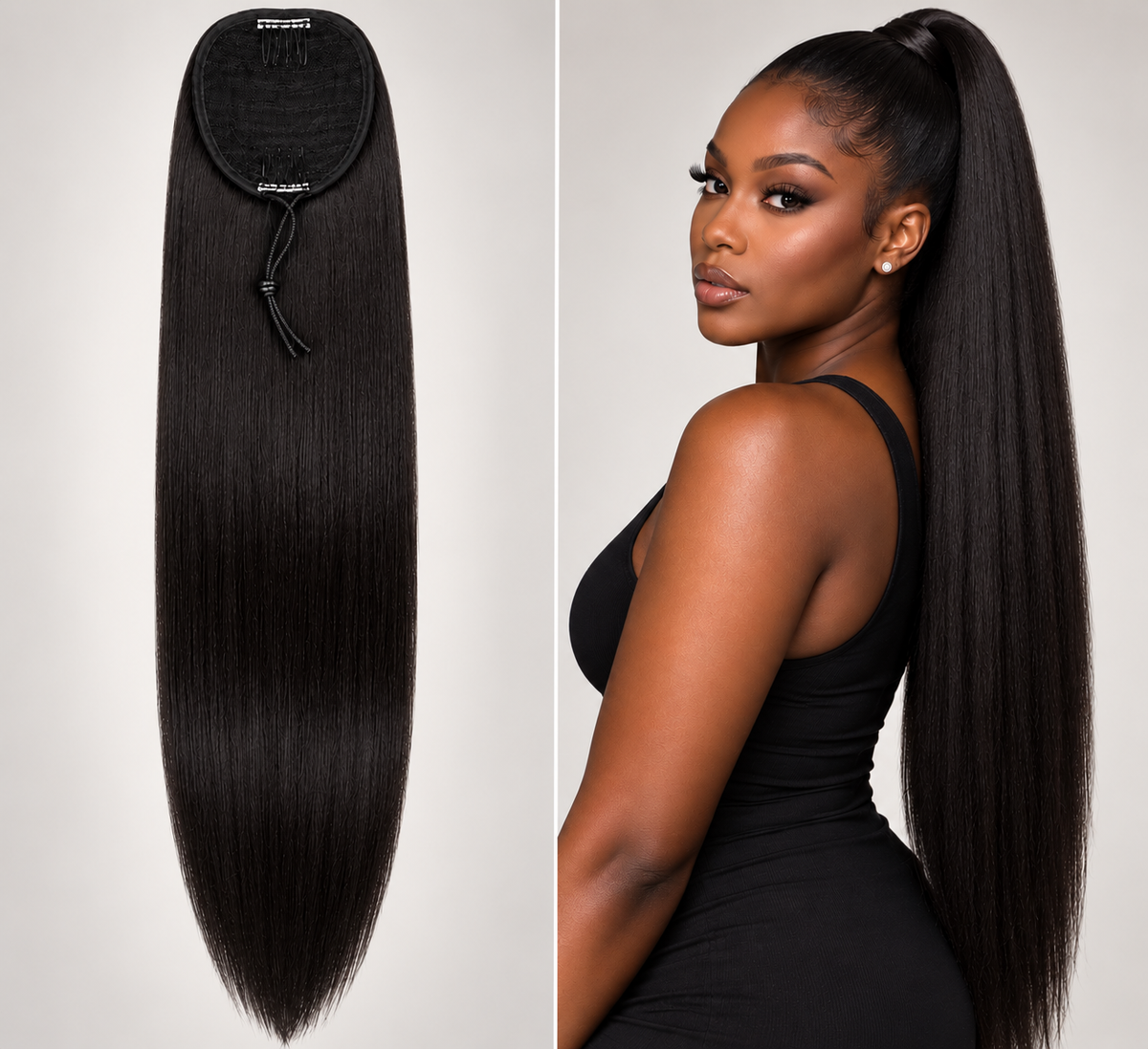 100% Remy Human Hair Straight Drawstring Ponytail | 8"–28" | Off Black, Dark Brown & Medium Brown
