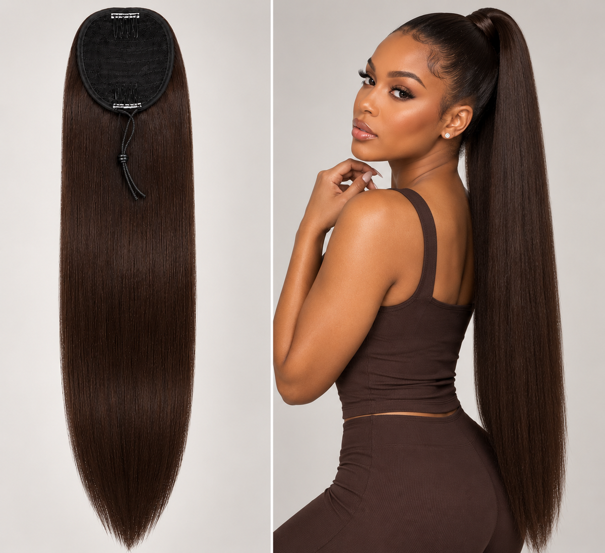 100% Remy Human Hair Straight Drawstring Ponytail | 8"–28" | Off Black, Dark Brown & Medium Brown