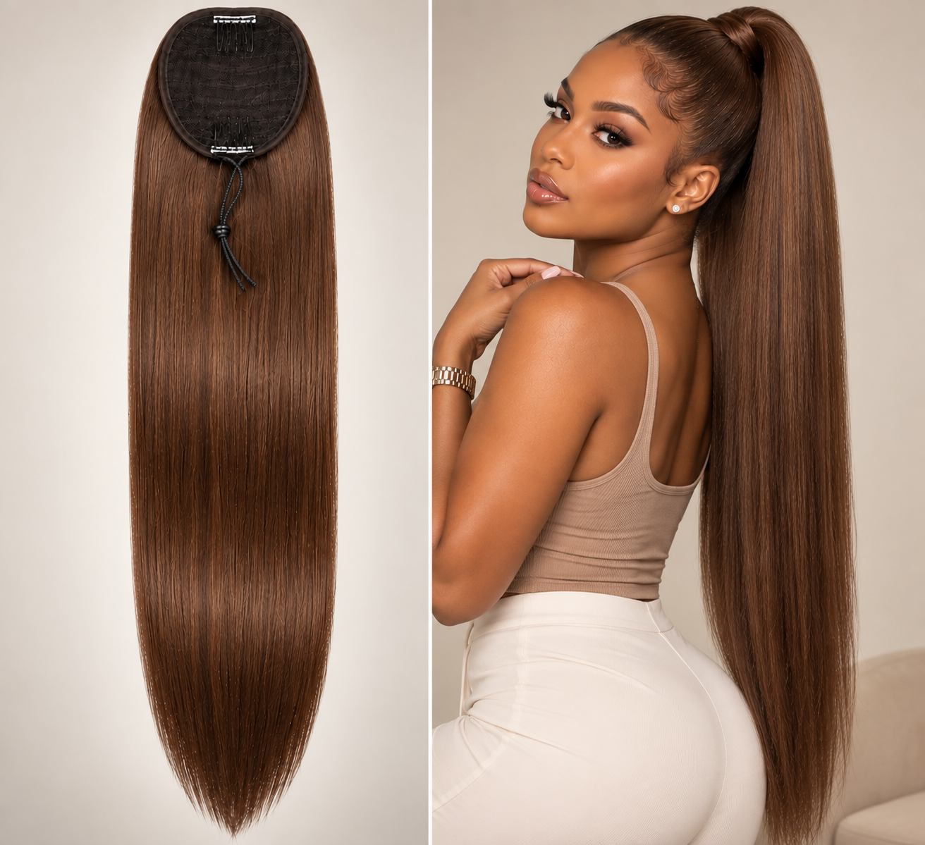 100% Remy Human Hair Straight Drawstring Ponytail | 8"–28" | Off Black, Dark Brown & Medium Brown