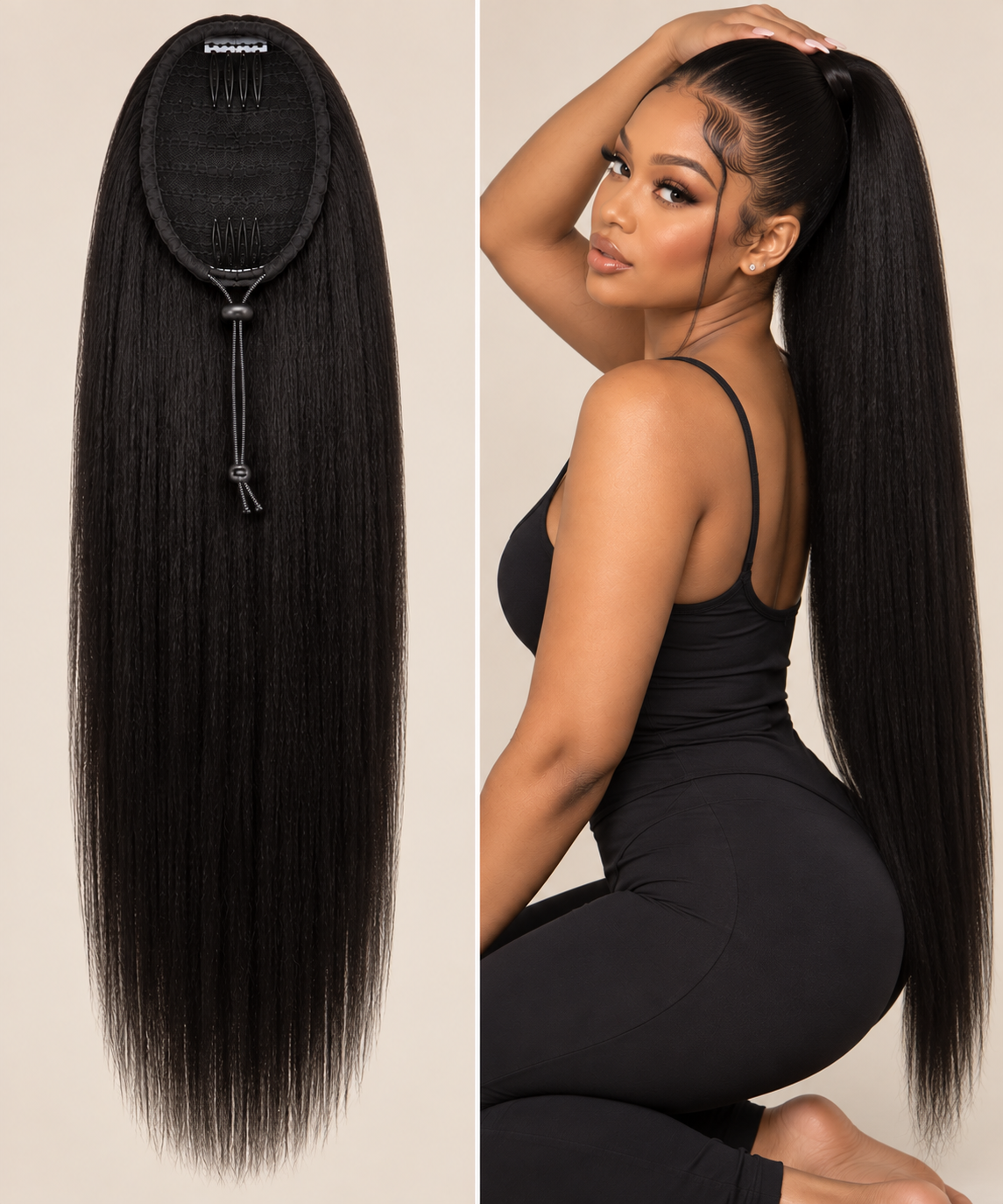100% Remy Human Hair Yaki Straight Drawstring Ponytail | Natural 4A-4C Blend | 8"–28" | Off Black, Dark Brown & Medium Brown