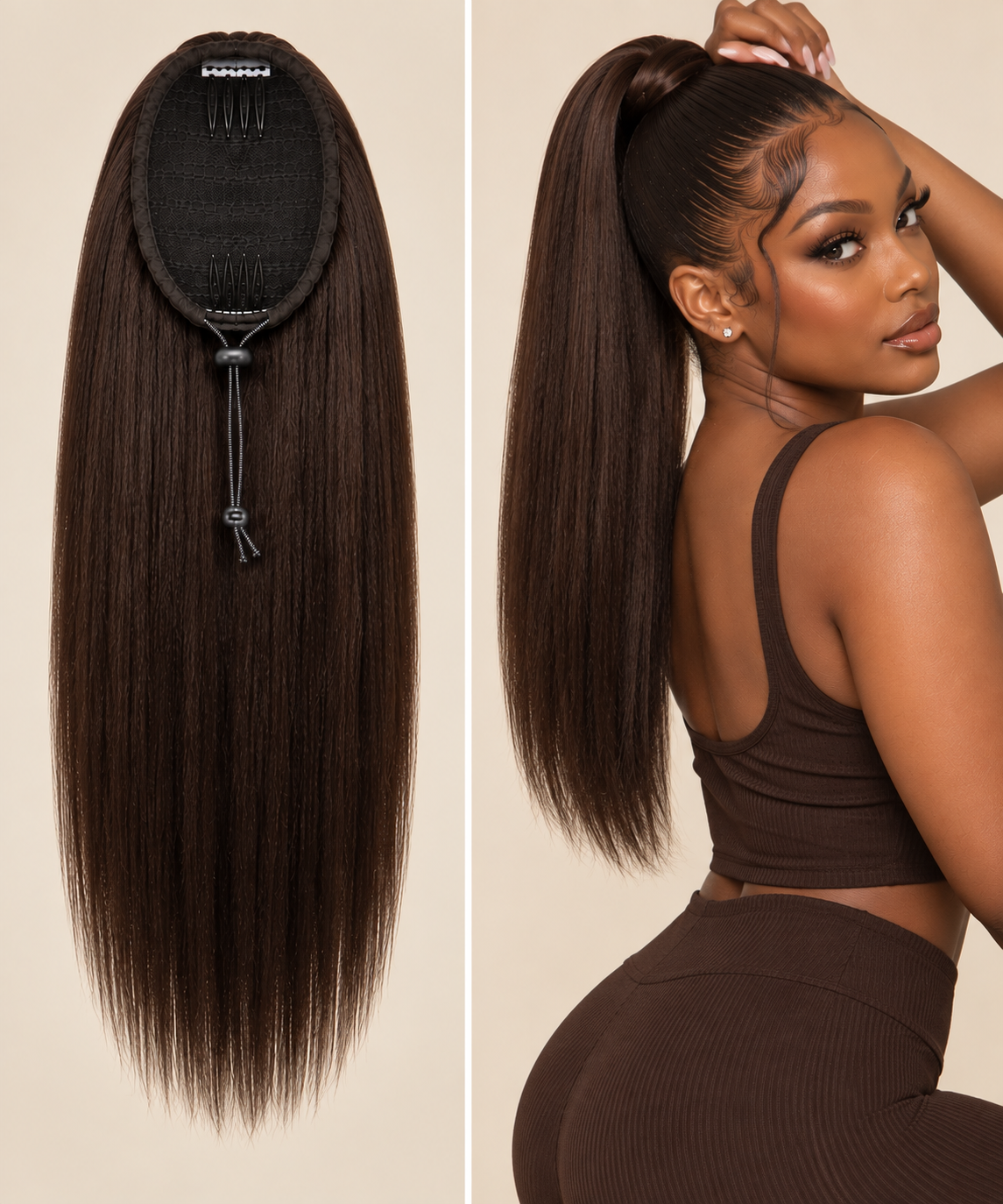 100% Remy Human Hair Yaki Straight Drawstring Ponytail | Natural 4A-4C Blend | 8"–28" | Off Black, Dark Brown & Medium Brown