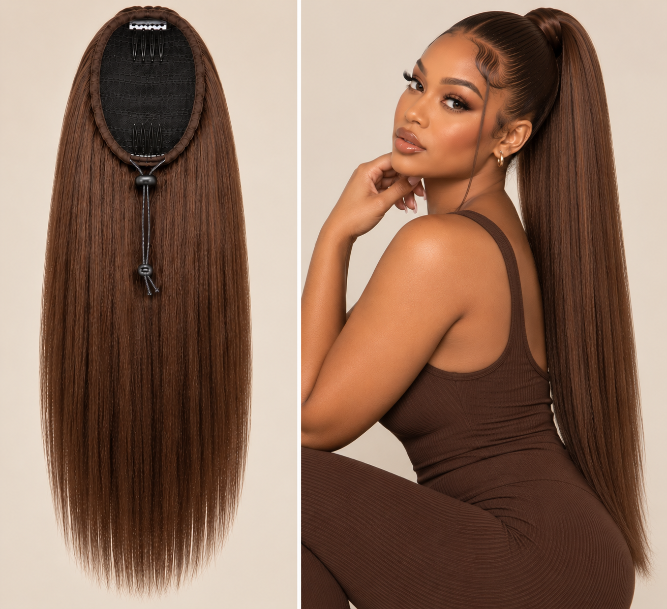100% Remy Human Hair Yaki Straight Drawstring Ponytail | Natural 4A-4C Blend | 8"–28" | Off Black, Dark Brown & Medium Brown