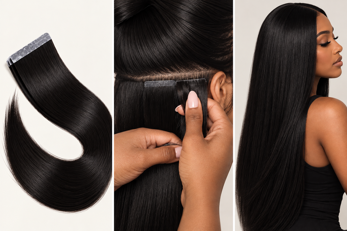 100% Remy Human Hair Straight Injection Tape Extensions | 14"–28" | Off Black, Dark Brown, Medium Brown, Light Brown & Platinum Blonde