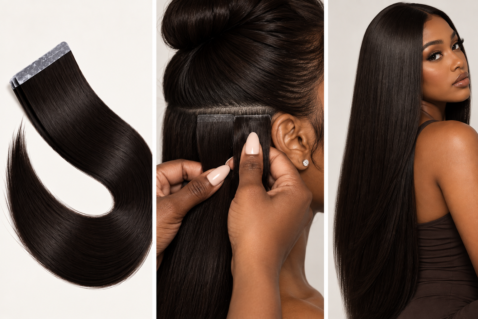 100% Remy Human Hair Straight Injection Tape Extensions | 14"–28" | Off Black, Dark Brown, Medium Brown, Light Brown & Platinum Blonde
