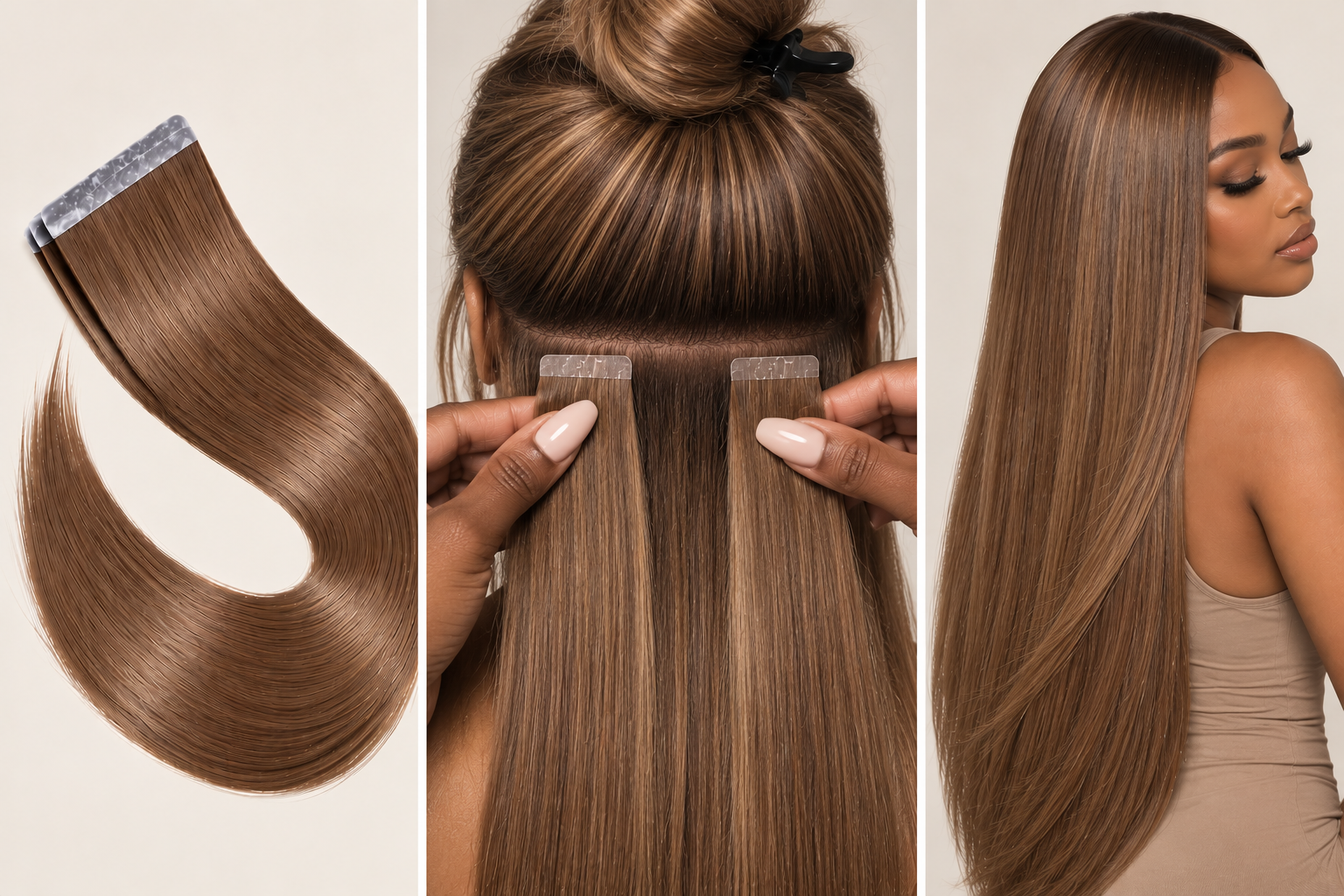 100% Remy Human Hair Straight Injection Tape Extensions | 14"–28" | Off Black, Dark Brown, Medium Brown, Light Brown & Platinum Blonde