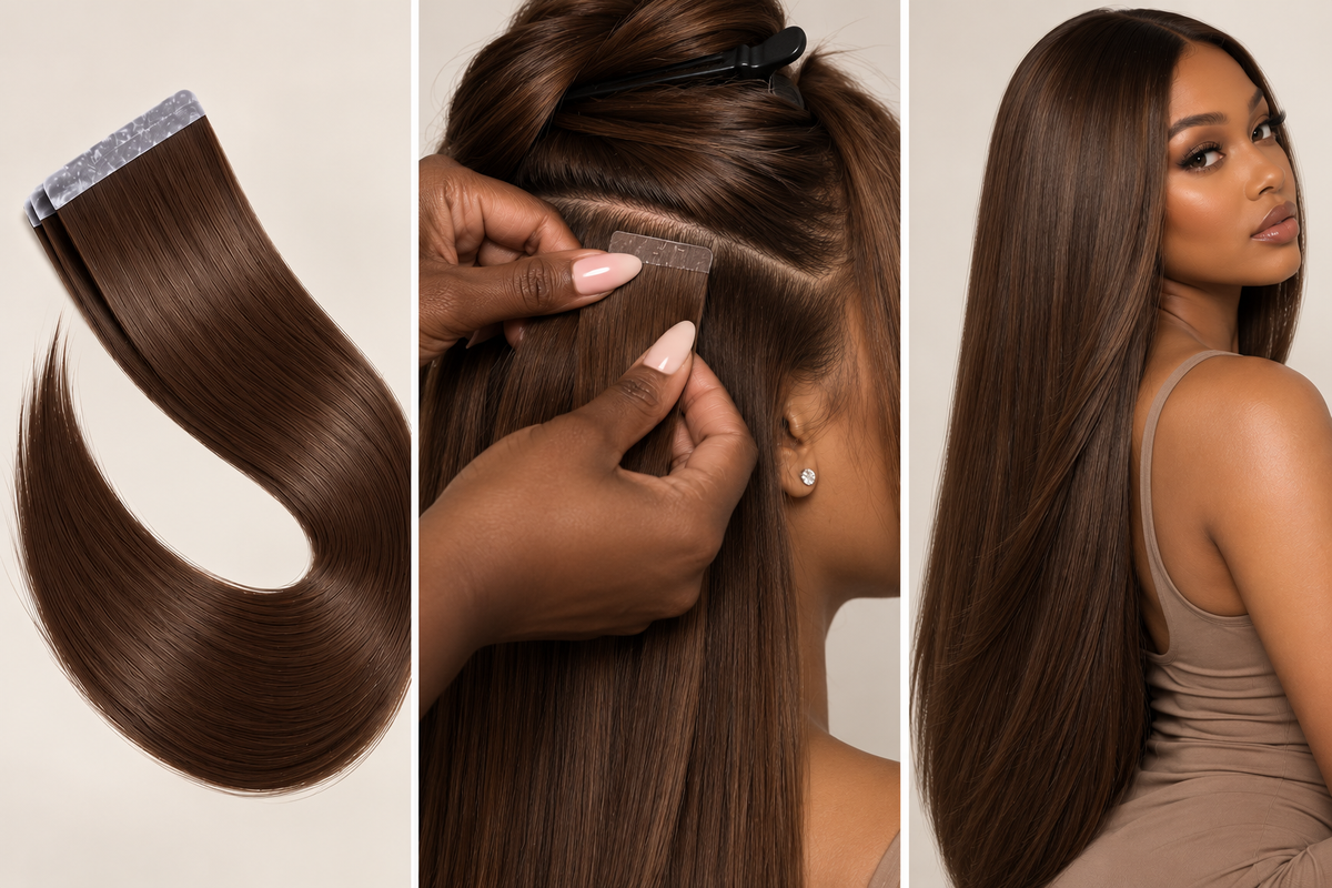 100% Remy Human Hair Straight Injection Tape Extensions | 14"–28" | Off Black, Dark Brown, Medium Brown, Light Brown & Platinum Blonde