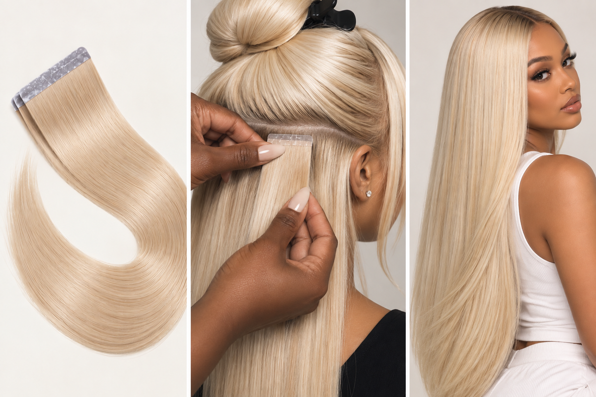 100% Remy Human Hair Straight Injection Tape Extensions | 14"–28" | Off Black, Dark Brown, Medium Brown, Light Brown & Platinum Blonde
