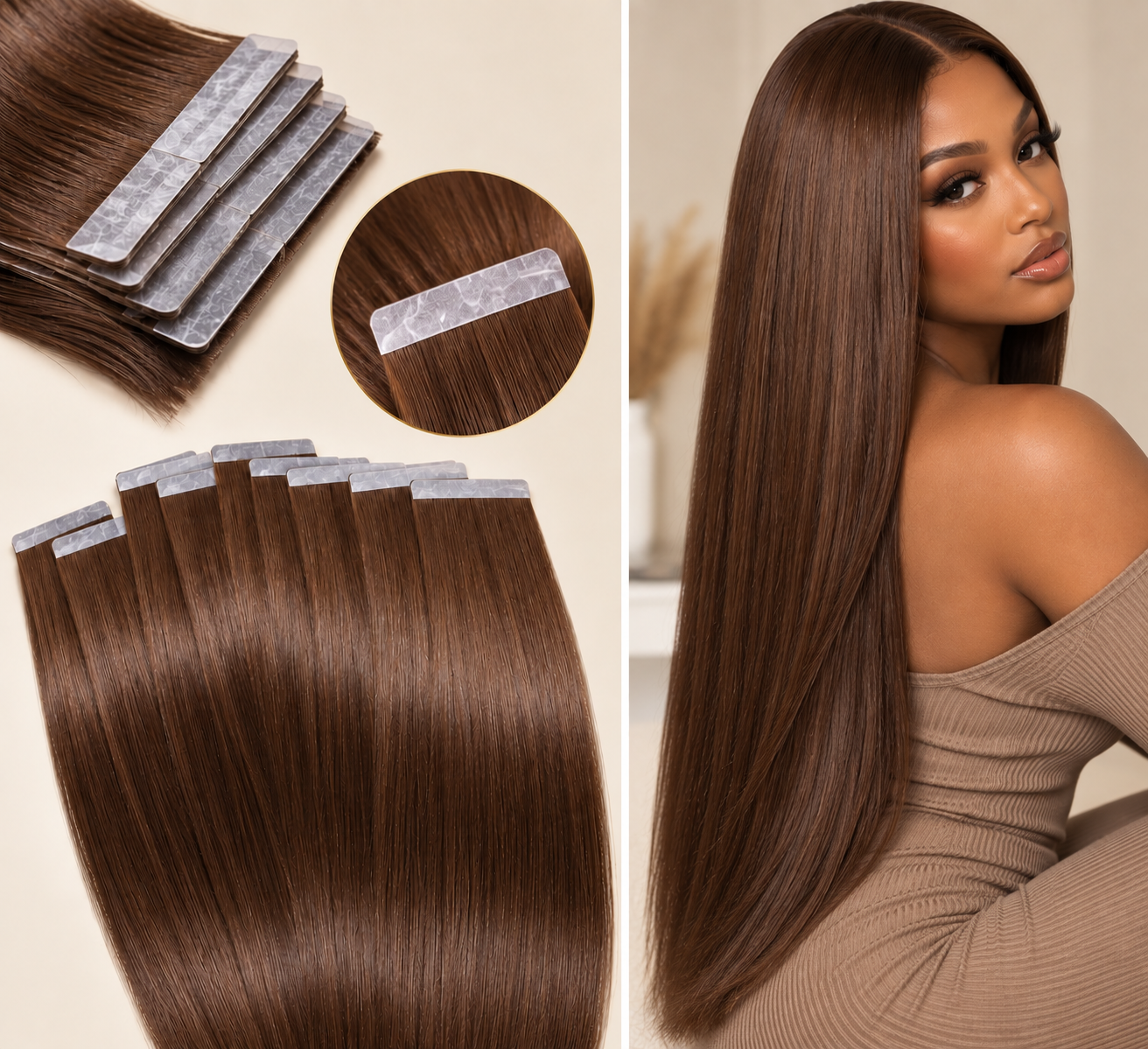 100% Remy Human Hair Tape-In Extensions | 14"–28" | Off Black, Dark Brown, Medium Brown, Light Brown & Platinum Blonde