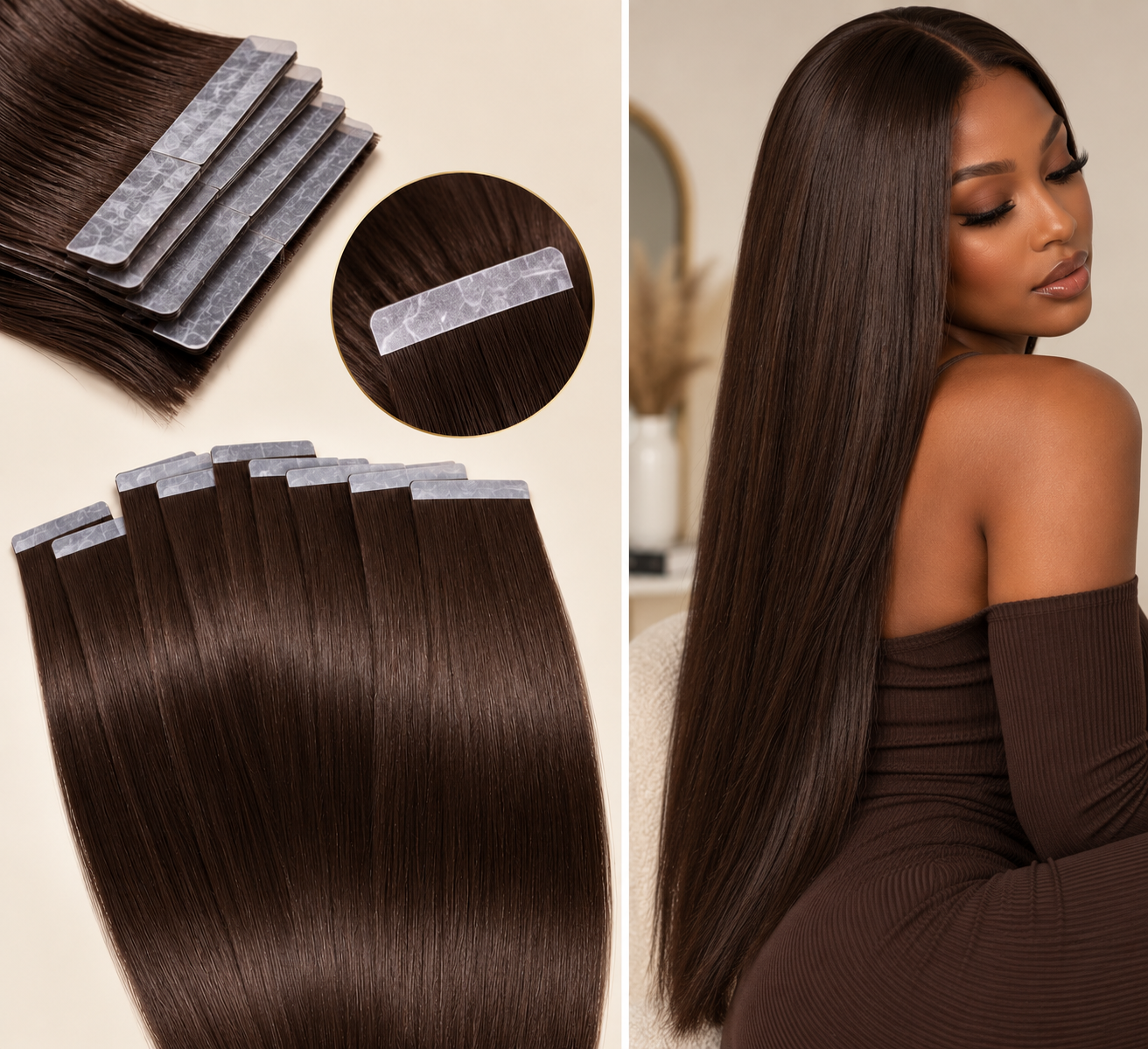 100% Remy Human Hair Tape-In Extensions | 14"–28" | Off Black, Dark Brown, Medium Brown, Light Brown & Platinum Blonde