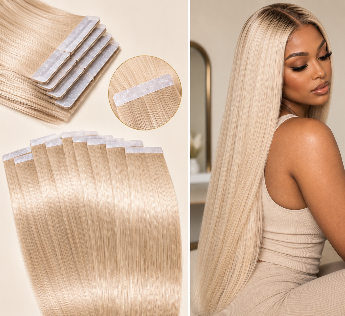 100% Remy Human Hair Tape-In Extensions | 14"–28" | Off Black, Dark Brown, Medium Brown, Light Brown & Platinum Blonde