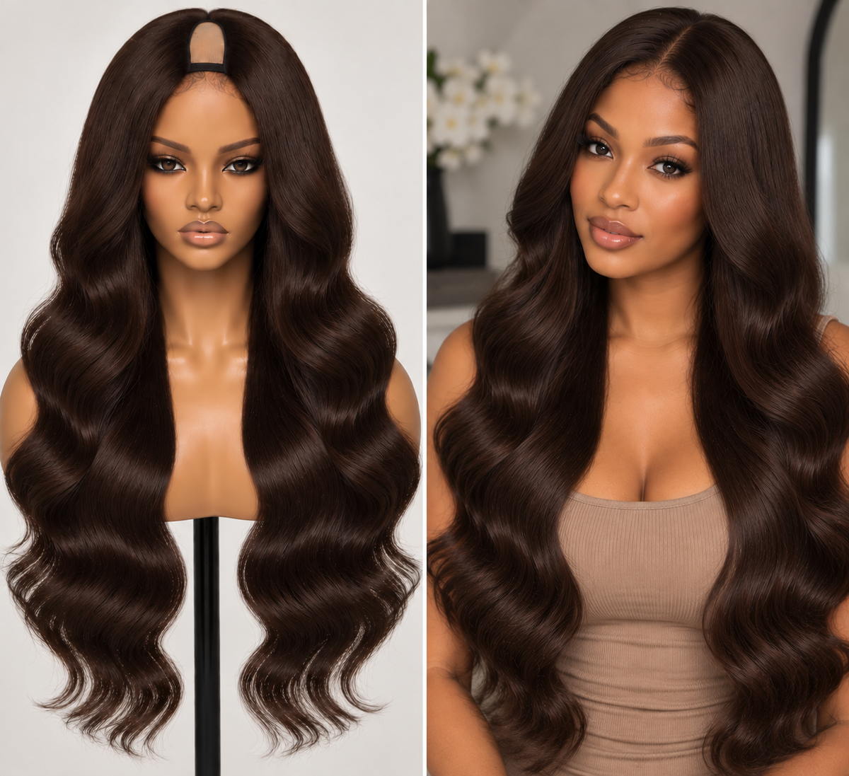 100% Remy Human Hair Body Wave U-Part Wig | 18"–28" | Off Black, Dark Brown & Medium Brown