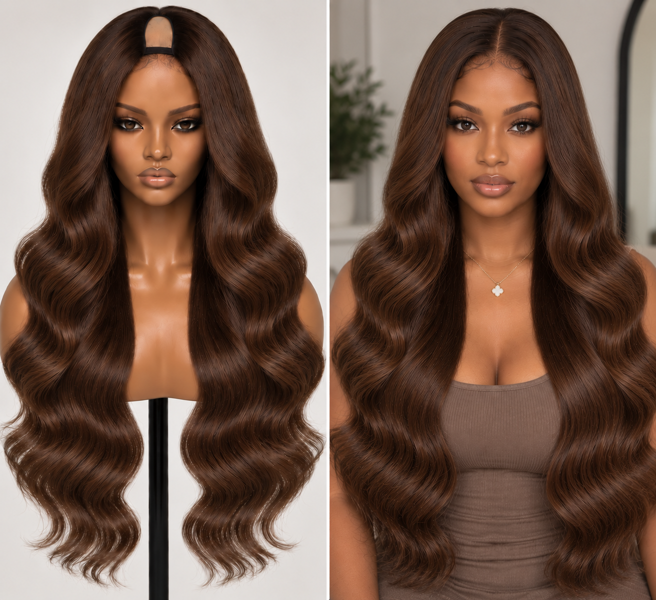 100% Remy Human Hair Body Wave U-Part Wig | 18"–28" | Off Black, Dark Brown & Medium Brown