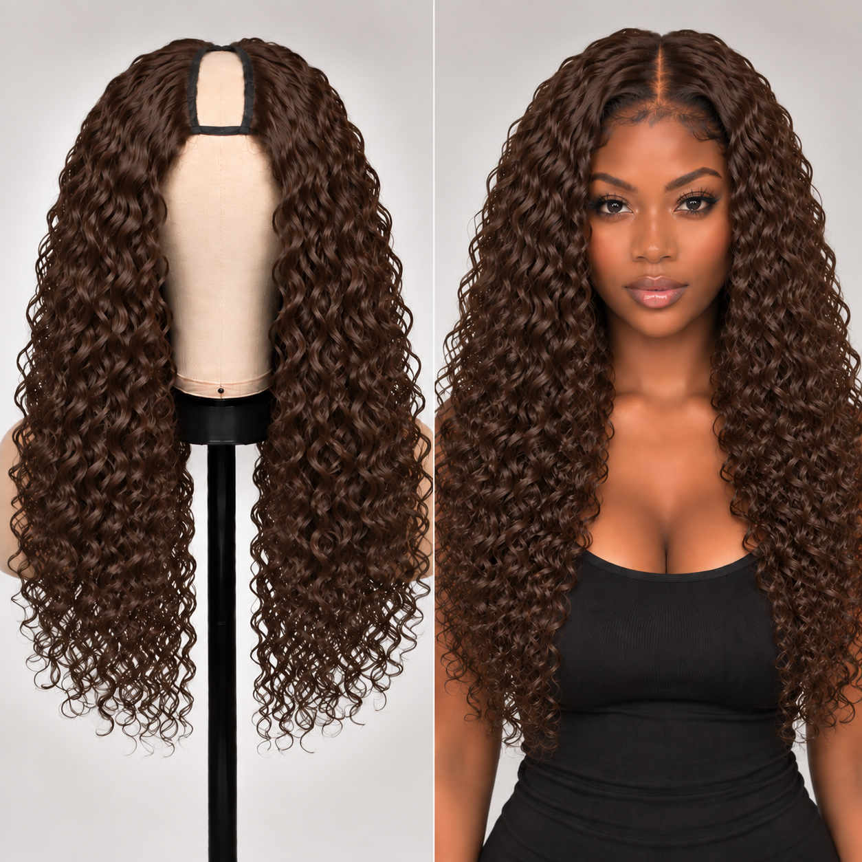 100% Remy Human Hair Curly U-Part Wig | 18"–28" | Off Black, Dark Brown & Medium Brown