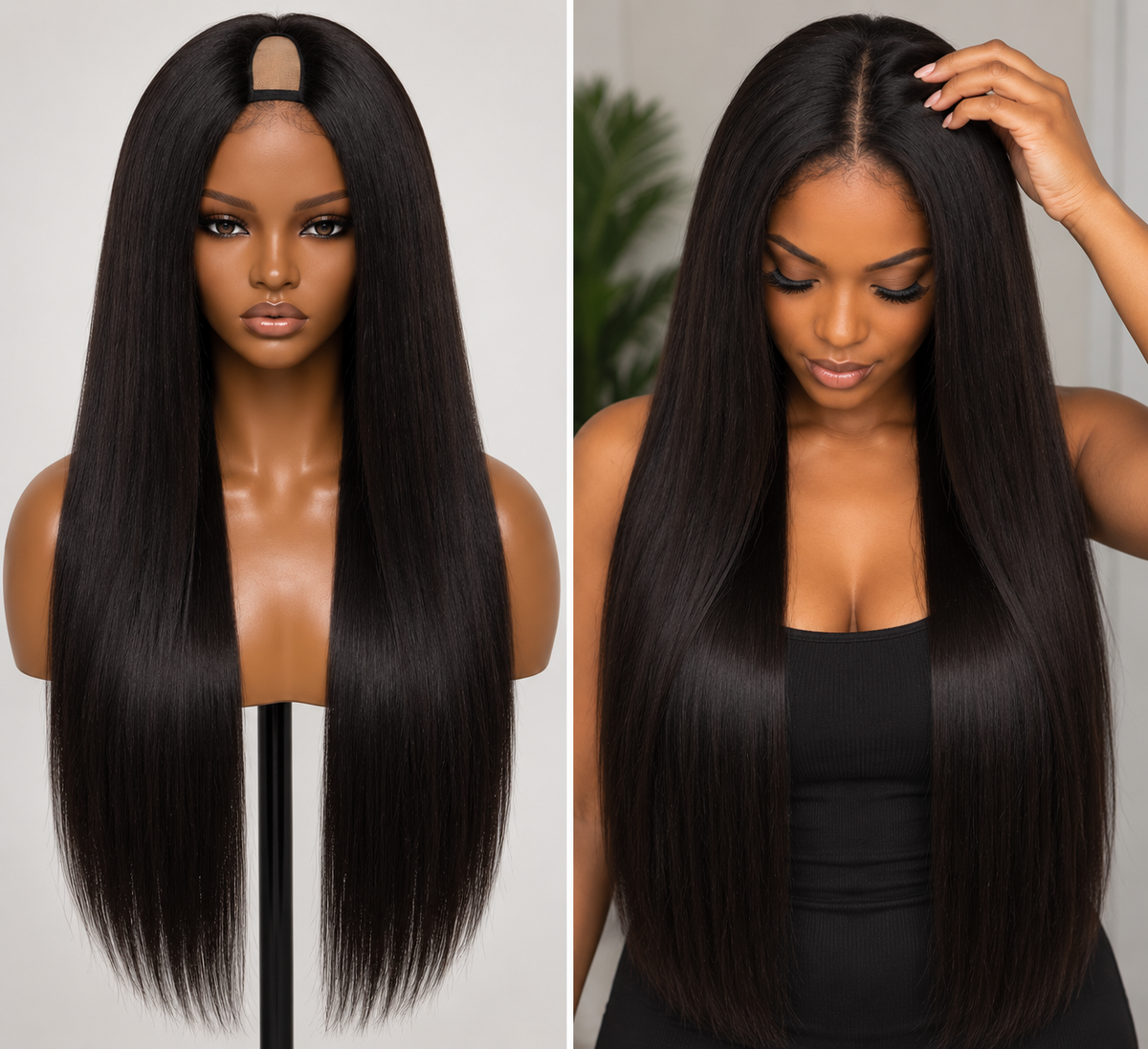 100% Remy Human Hair Straight U-Part Wig | 18"–28" | Off Black, Dark Brown & Medium Brown