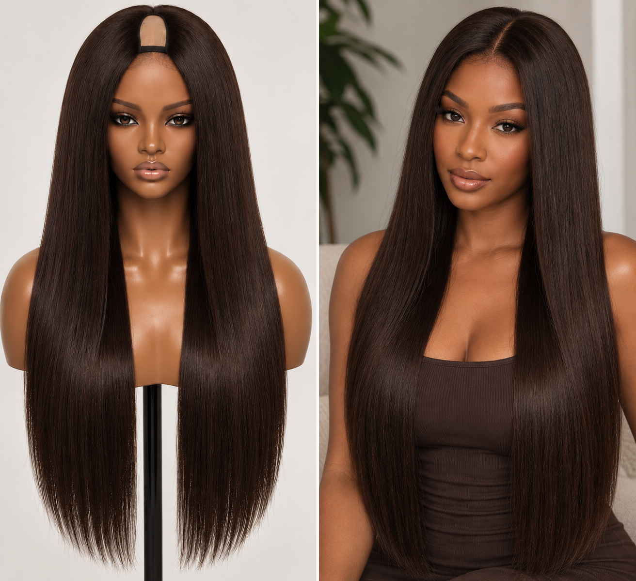 100% Remy Human Hair Straight U-Part Wig | 18"–28" | Off Black, Dark Brown & Medium Brown