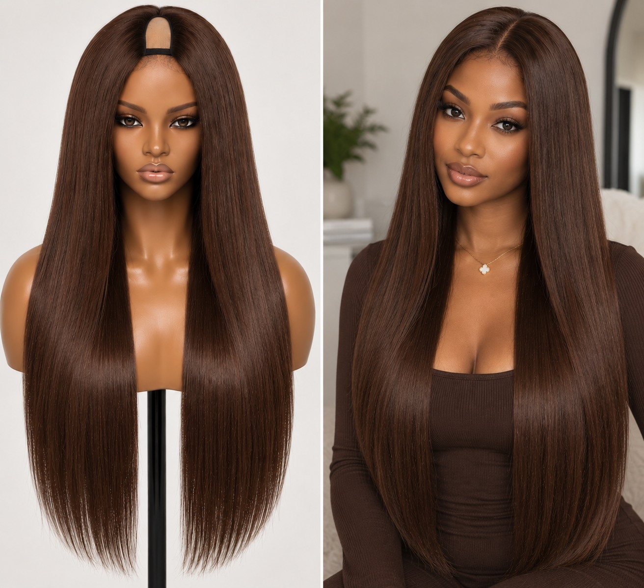 100% Remy Human Hair Straight U-Part Wig | 18"–28" | Off Black, Dark Brown & Medium Brown