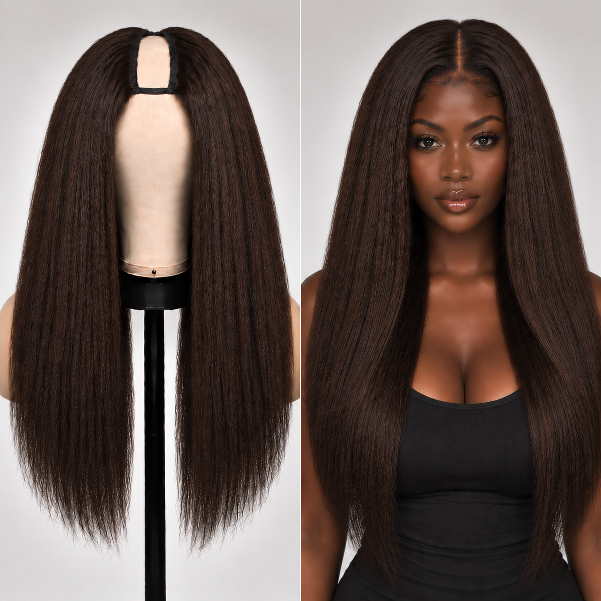 100% Remy Human Hair Yaki Straight U-Part Wig | Natural 4A-4C Blend | 18"–28" | Off Black, Dark Brown & Medium Brown