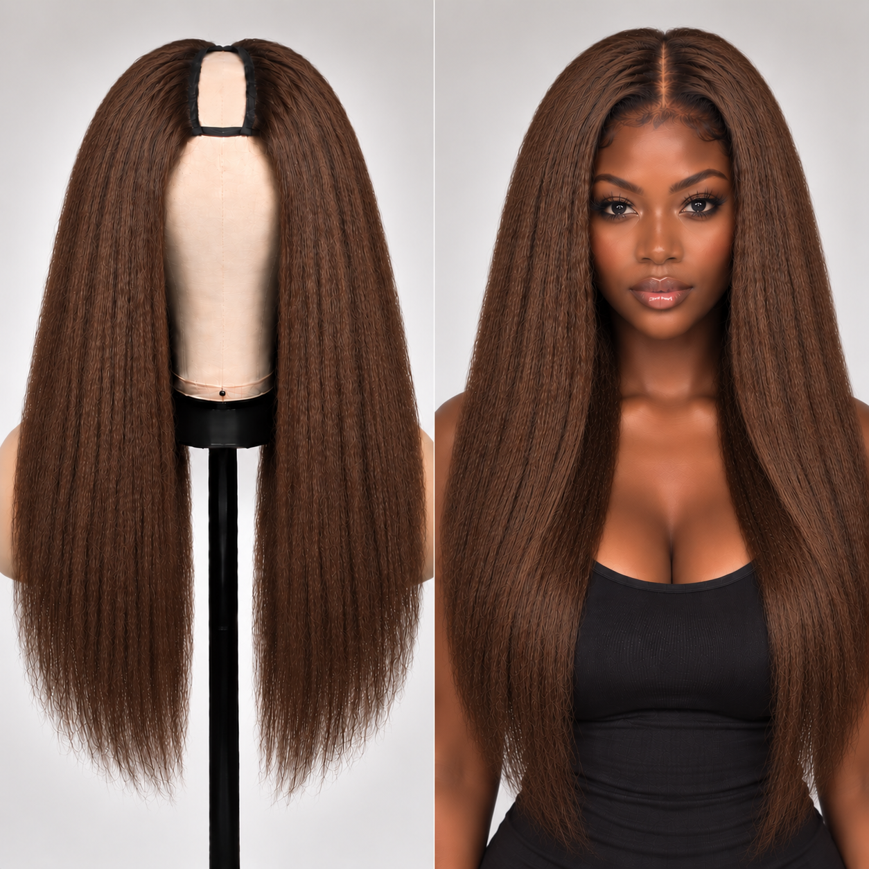 100% Remy Human Hair Yaki Straight U-Part Wig | Natural 4A-4C Blend | 18"–28" | Off Black, Dark Brown & Medium Brown