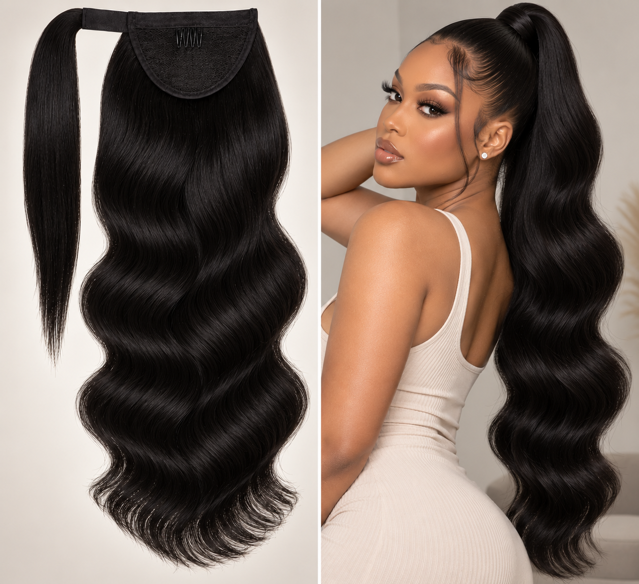 100% Remy Human Hair Body Wave Velcro Ponytail | 16"–28" | Off Black, Dark Brown & Medium Brown