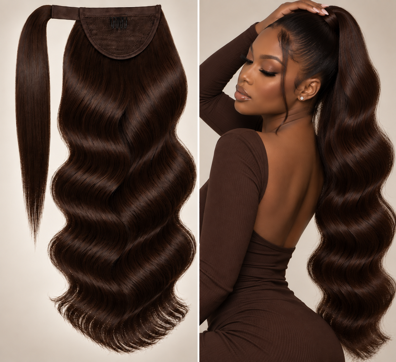 100% Remy Human Hair Body Wave Velcro Ponytail | 16"–28" | Off Black, Dark Brown & Medium Brown