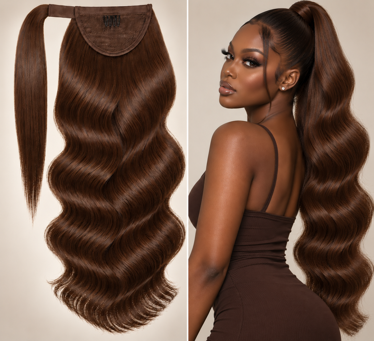 100% Remy Human Hair Body Wave Velcro Ponytail | 16"–28" | Off Black, Dark Brown & Medium Brown