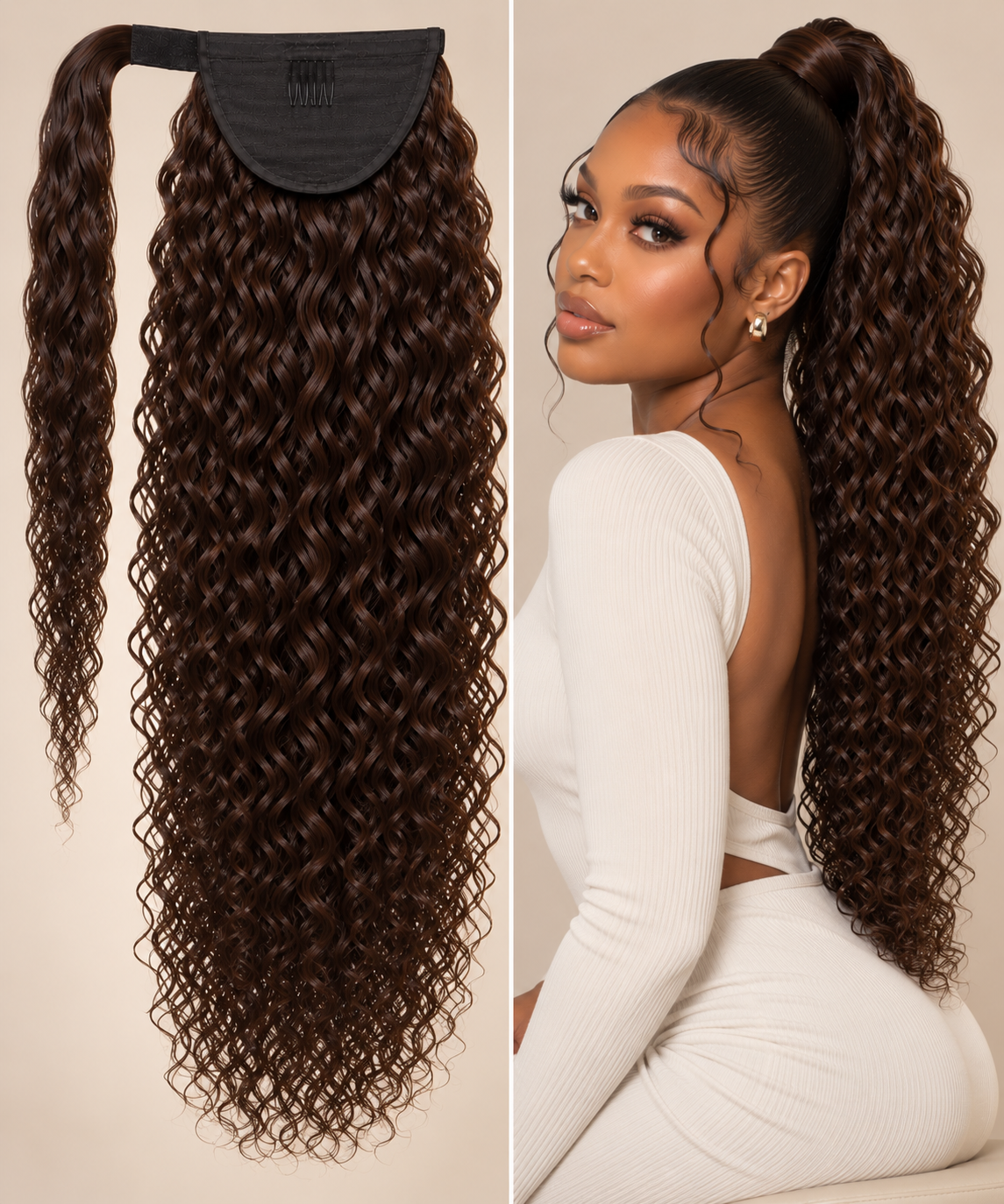 100% Remy Human Hair Curly Velcro Ponytail | 16"–28" | Off Black, Dark Brown & Medium Brown