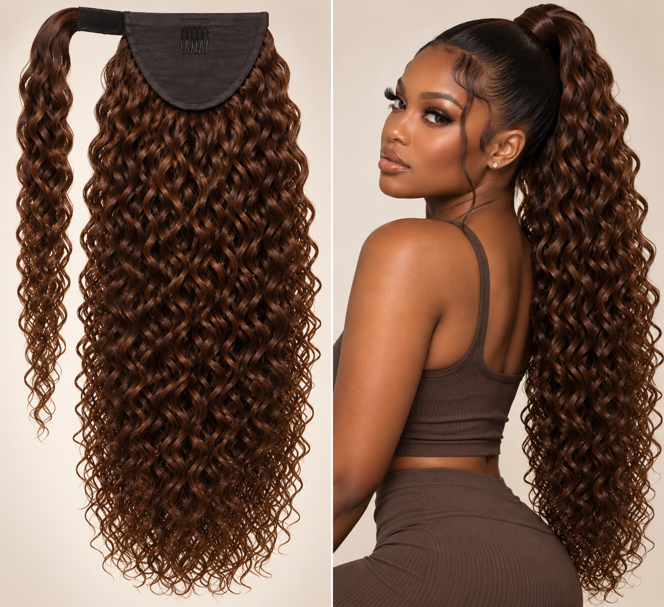 100% Remy Human Hair Curly Velcro Ponytail | 16"–28" | Off Black, Dark Brown & Medium Brown