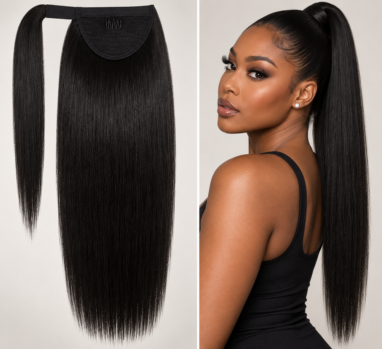 100% Remy Human Hair Straight Velcro Ponytail | 16"–28" | Off Black, Dark Brown & Medium Brown