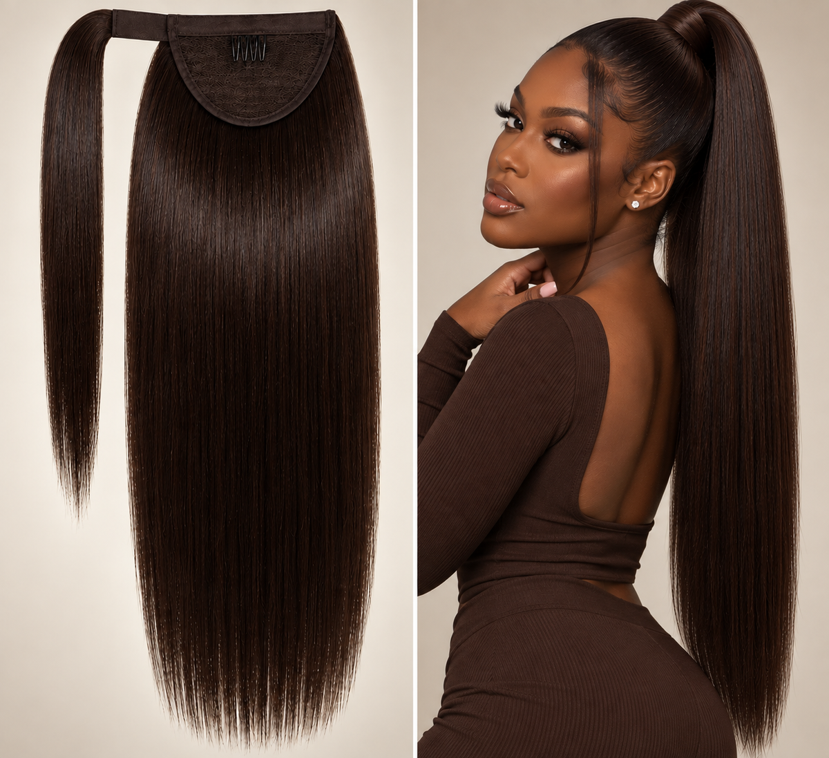 100% Remy Human Hair Straight Velcro Ponytail | 16"–28" | Off Black, Dark Brown & Medium Brown