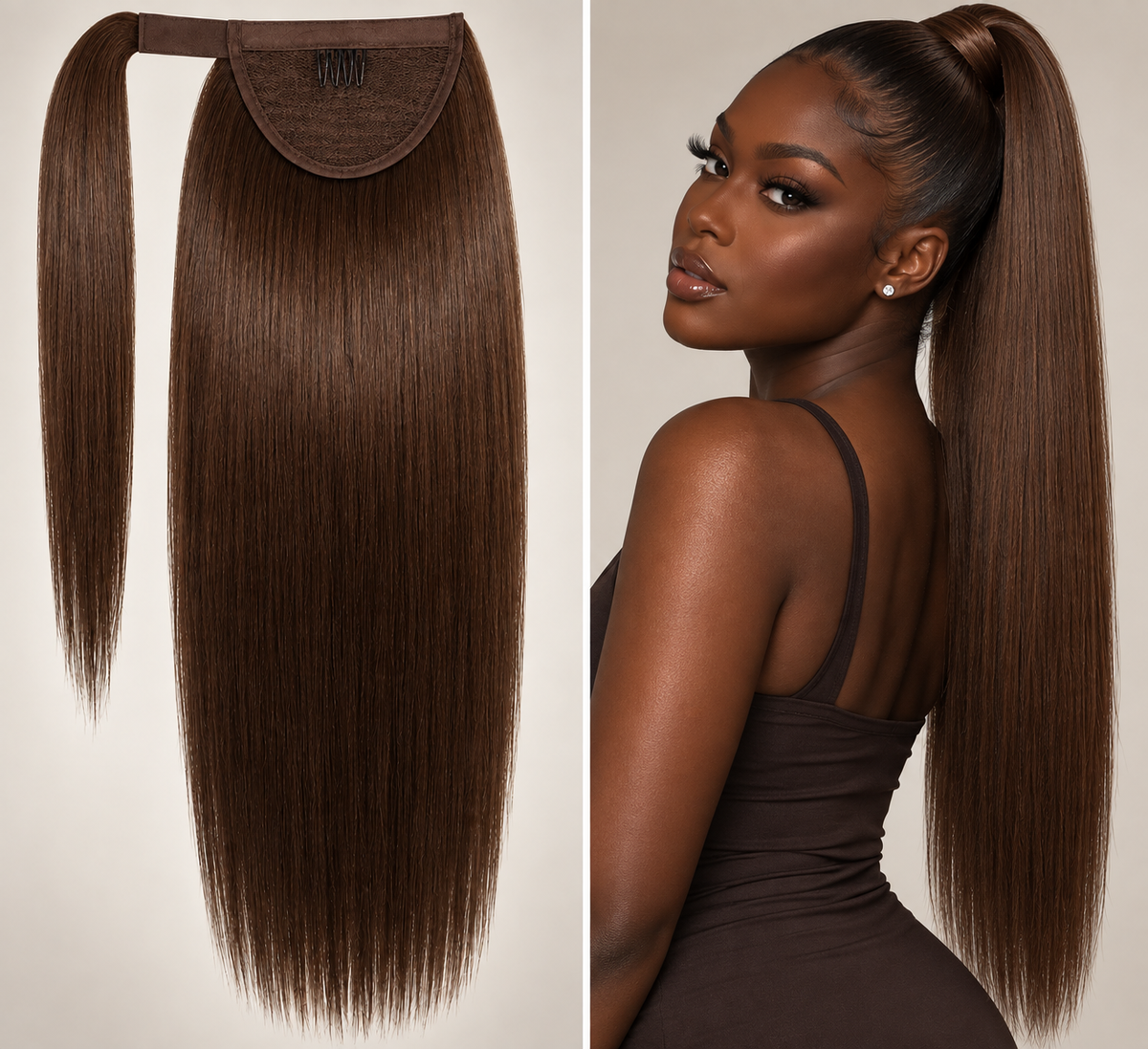 100% Remy Human Hair Straight Velcro Ponytail | 16"–28" | Off Black, Dark Brown & Medium Brown