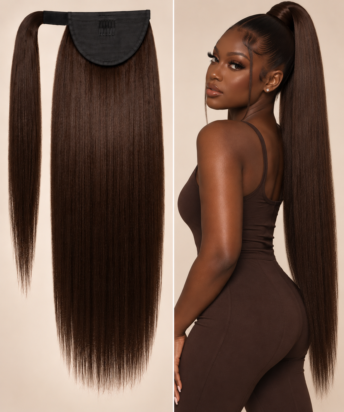 100% Remy Human Hair Yaki Straight Velcro Ponytail | Natural 4A-4C Blend | 16"–28" | Off Black, Dark Brown & Medium Brown