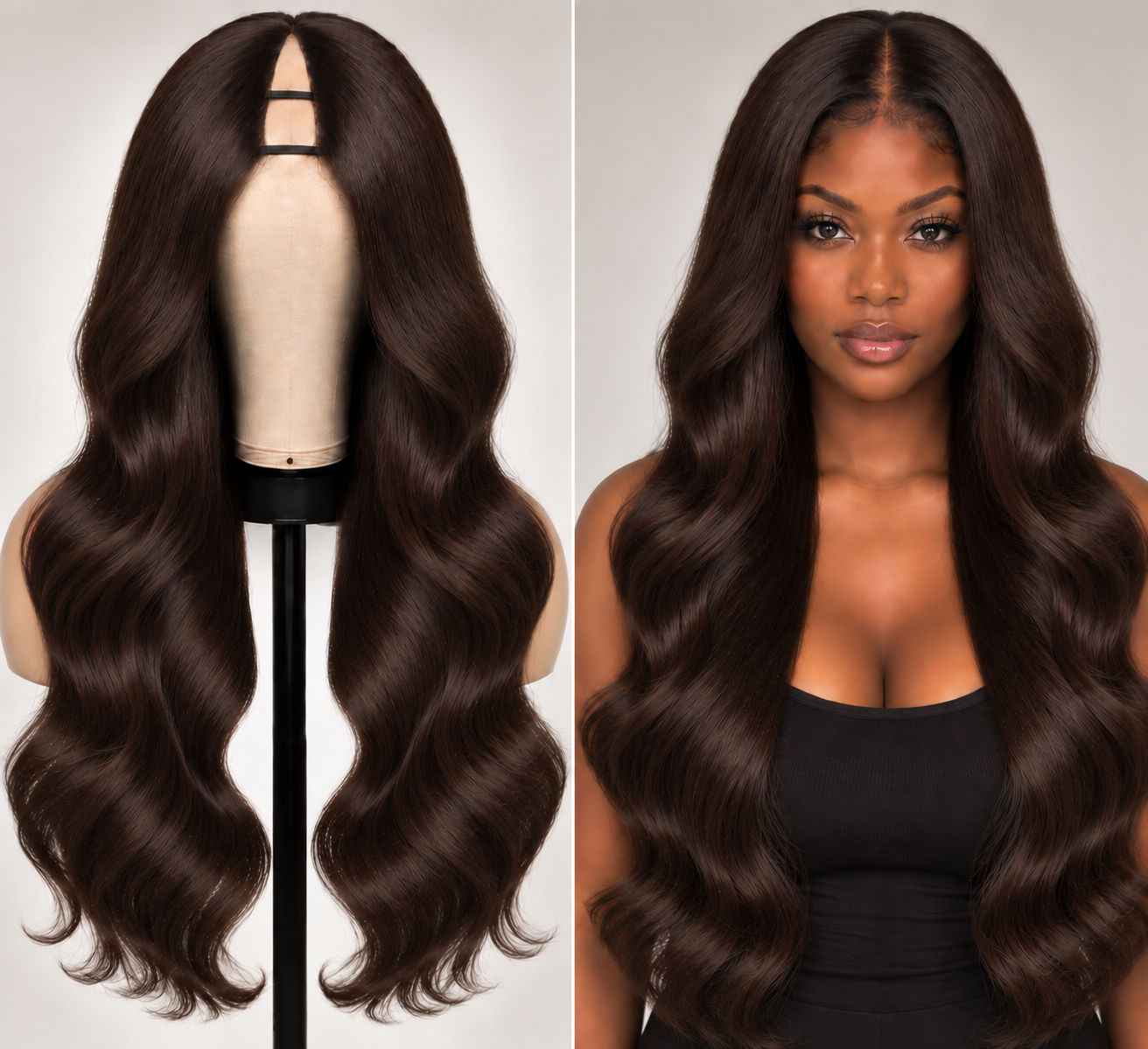 100% Remy Human Hair Body Wave V-Part Wig | 18"–28" | Off Black, Dark Brown & Medium Brown