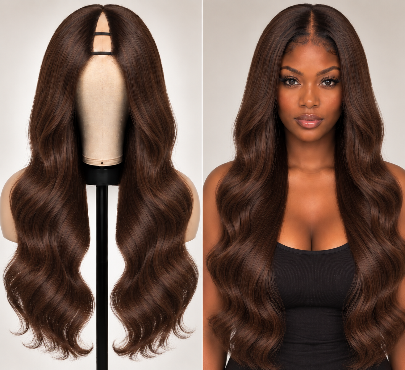 100% Remy Human Hair Body Wave V-Part Wig | 18"–28" | Off Black, Dark Brown & Medium Brown