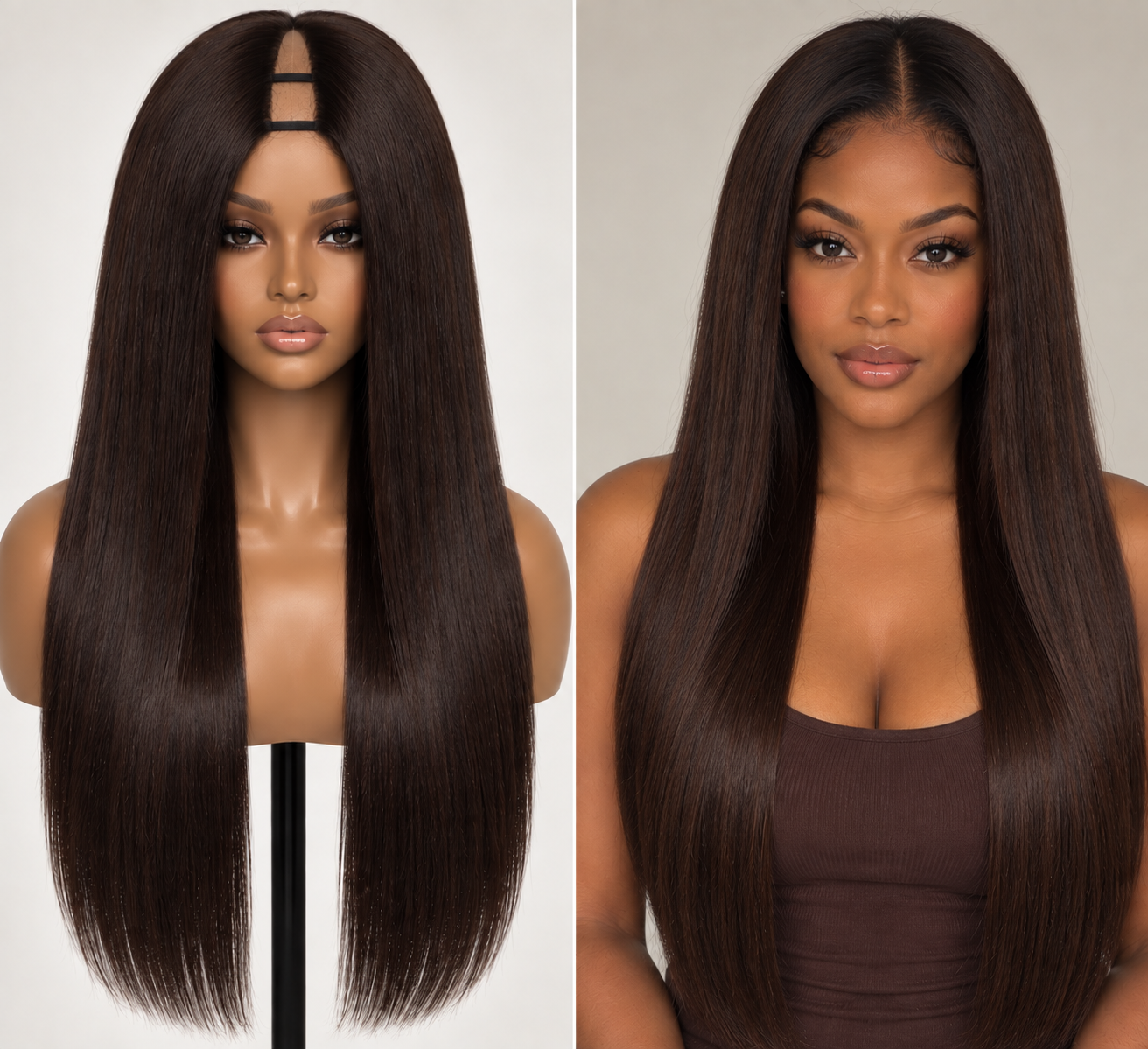 100% Remy Human Hair Straight V-Part Wig | 18"–28" | Off Black, Dark Brown & Medium Brown