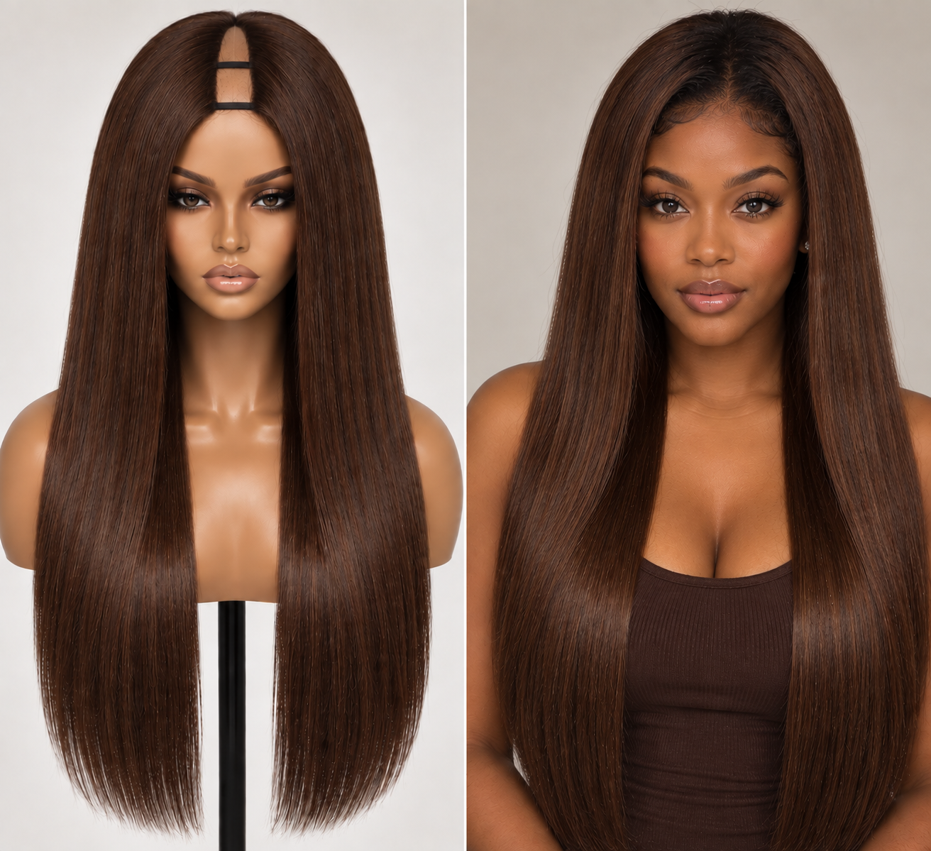 100% Remy Human Hair Straight V-Part Wig | 18"–28" | Off Black, Dark Brown & Medium Brown