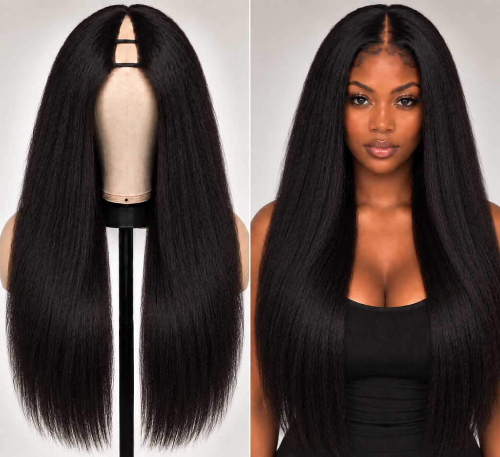 100% Remy Human Hair Yaki Straight V-Part Wig | Natural 4A-4C Blend | 18"–28" | Off Black, Dark Brown & Medium Brown