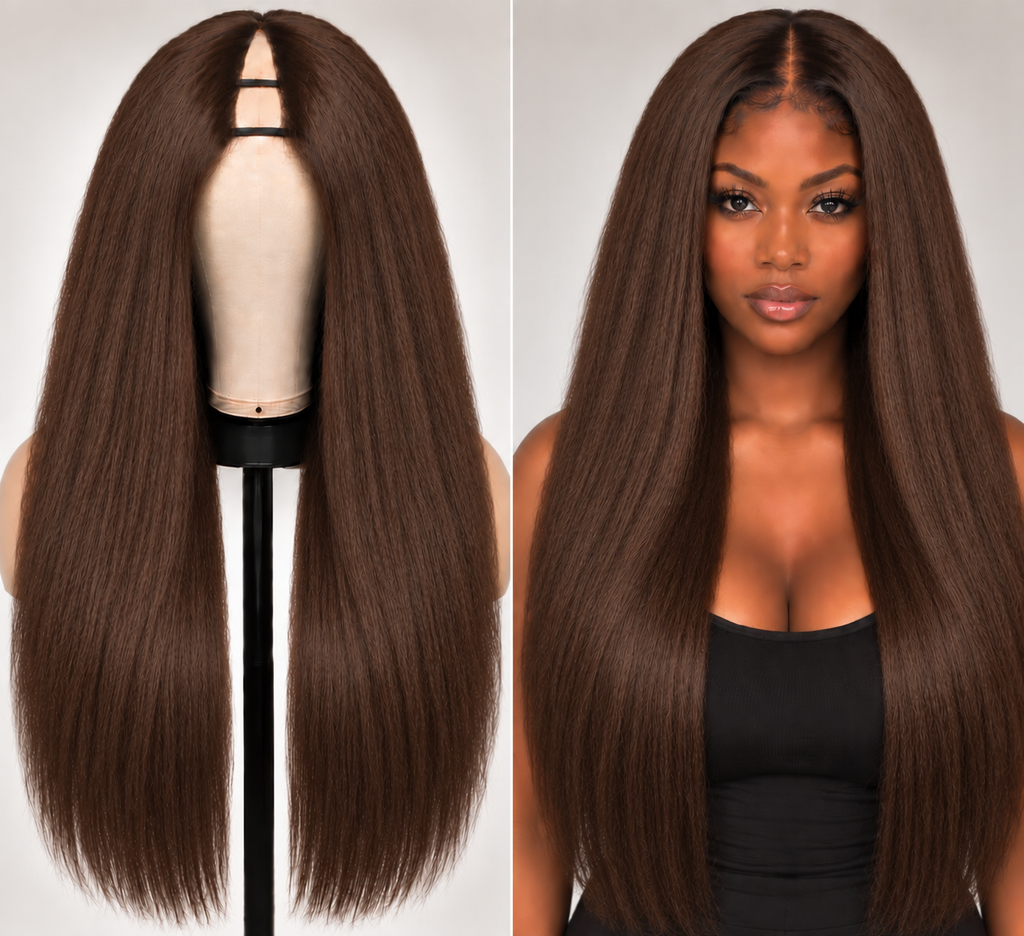 100% Remy Human Hair Yaki Straight V-Part Wig | Natural 4A-4C Blend | 18"–28" | Off Black, Dark Brown & Medium Brown