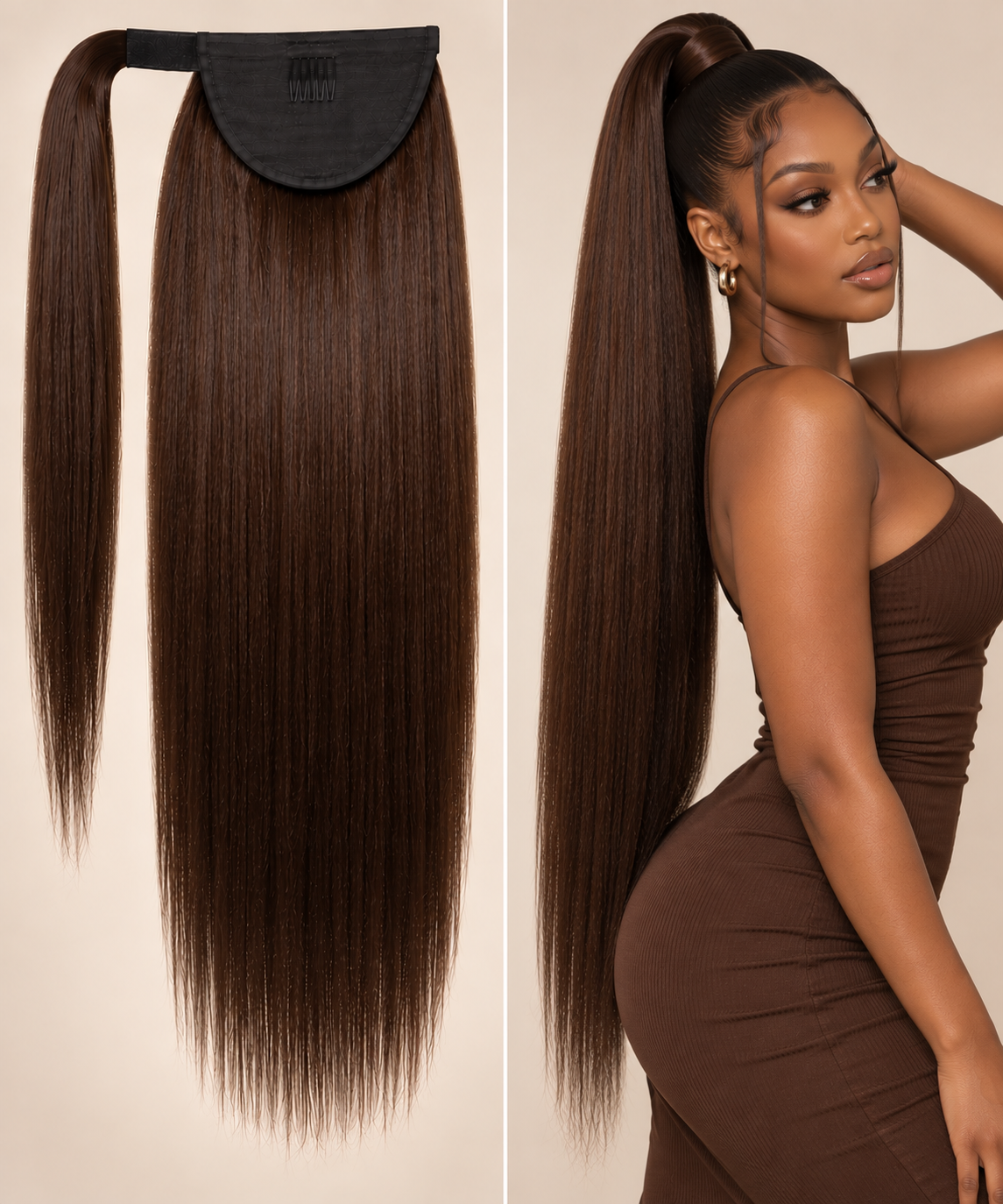 100% Remy Human Hair Yaki Straight Velcro Ponytail | Natural 4A-4C Blend | 16"–28" | Off Black, Dark Brown & Medium Brown