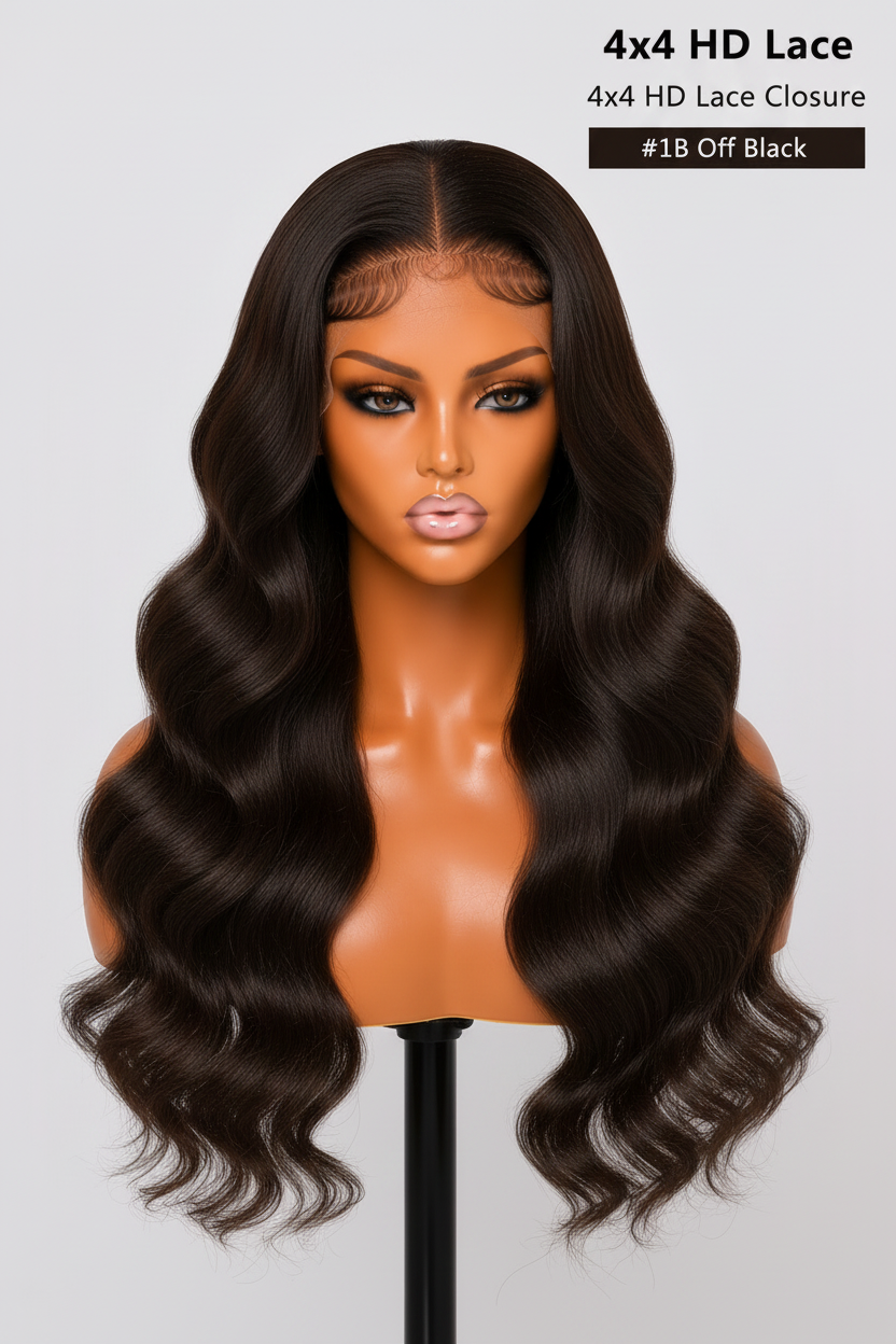 Remy Human Hair 4x4 Body Wave Lace Wig - Off Black (#1B)